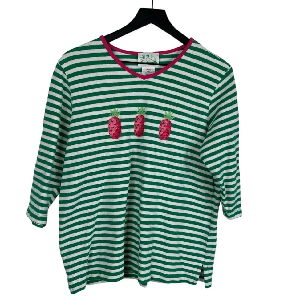 Quacker Factory Top Women's Multicolor Sz L Pineapple Stripe Beaded 3/4 Sleeves - Picture 1 of 6